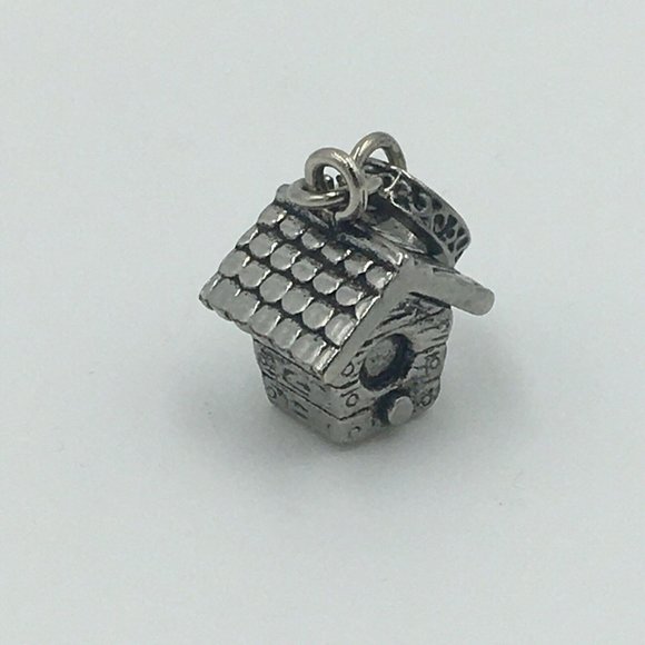 Silver Tone BIRD HOUSE PENDANT, Patterned Bale, Adorable - Picture 5 of 7